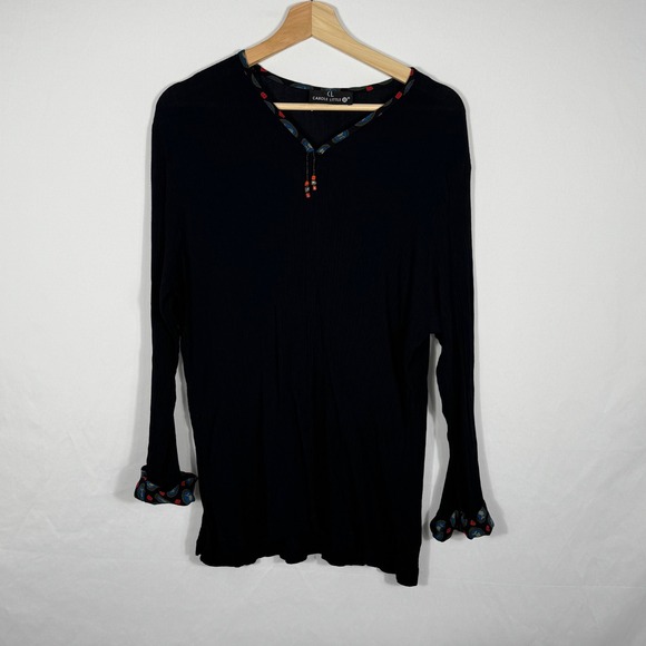 Carole Little Black Rayon Long Sleeve Top Paisley Trim Beaded Details Sz 16 - Picture 1 of 6